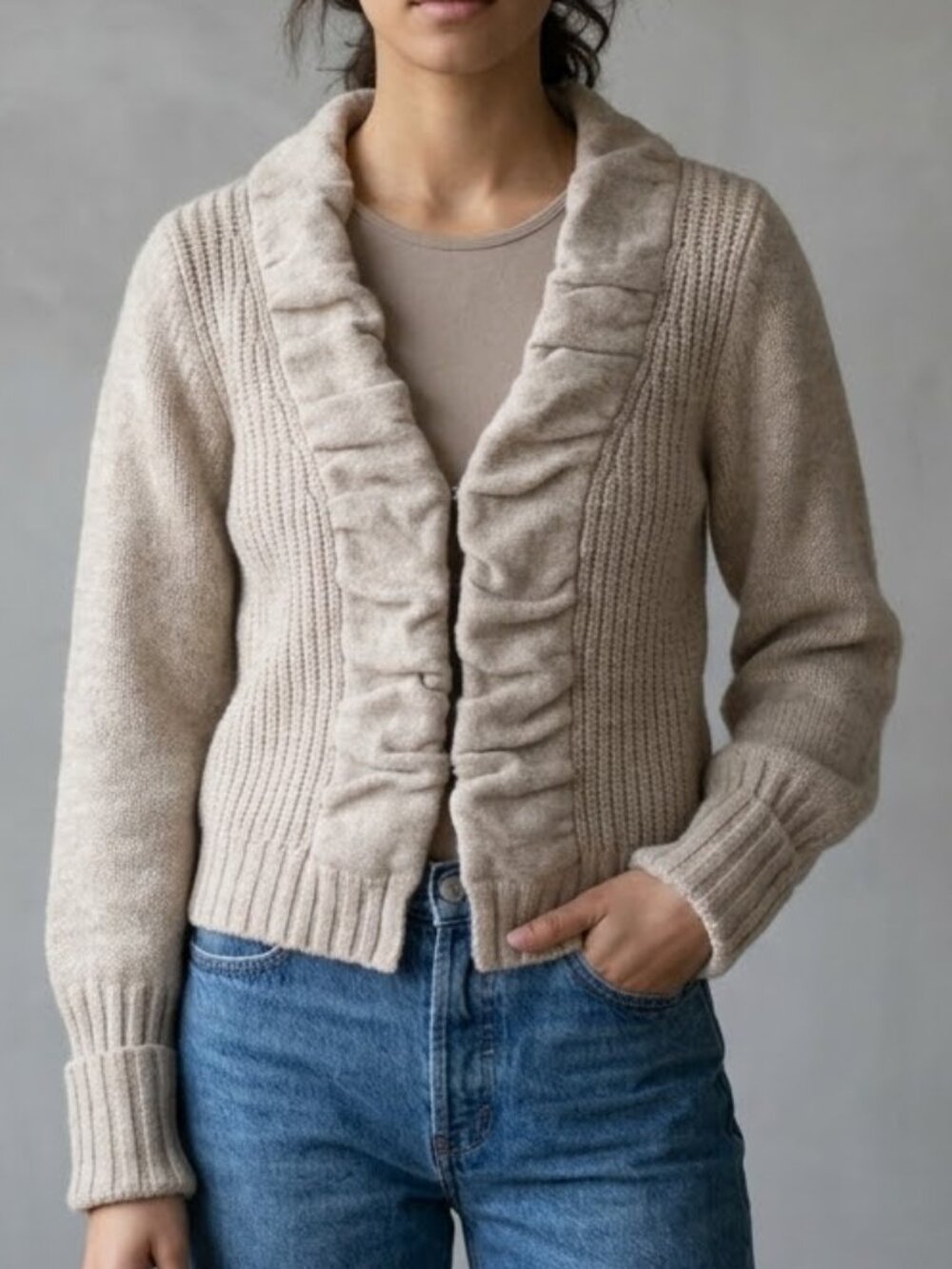 Robert Rodriguez Women's Wool Alpaca Oatmeal Beige Ruffle Cardigan Sweater S
